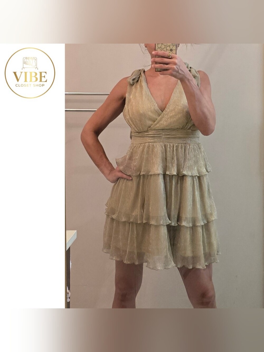 Gold Shimmer Tiered V-Neck Mini Dress